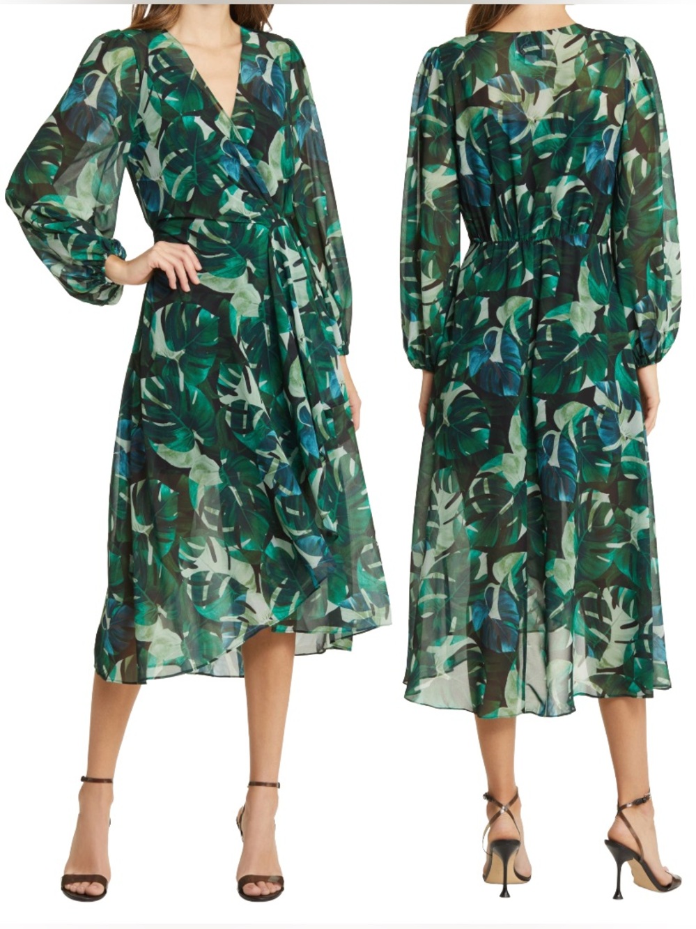 NWT Sam Edelman Women’s Monstera Print Long Sleeve Midi Wrap Dress - size 10